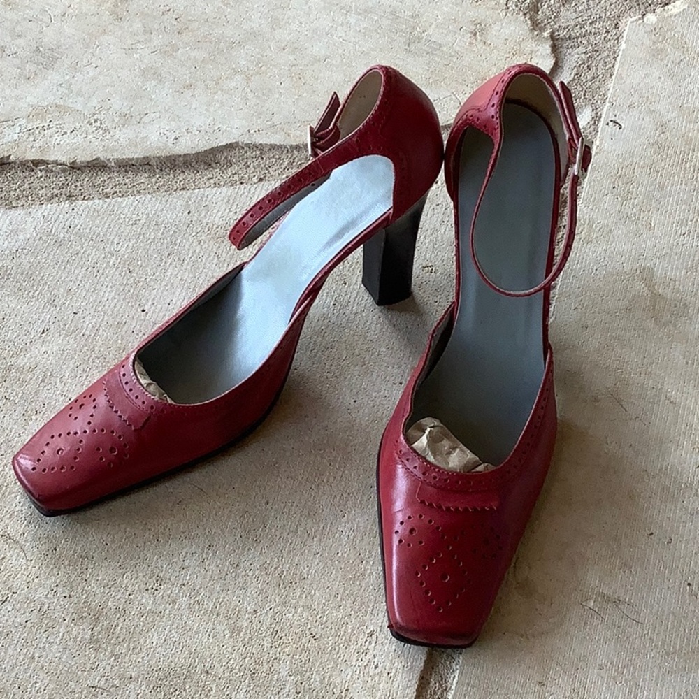 BCBG Paris Red Leather Ankle-Strap Block Heel Pumps